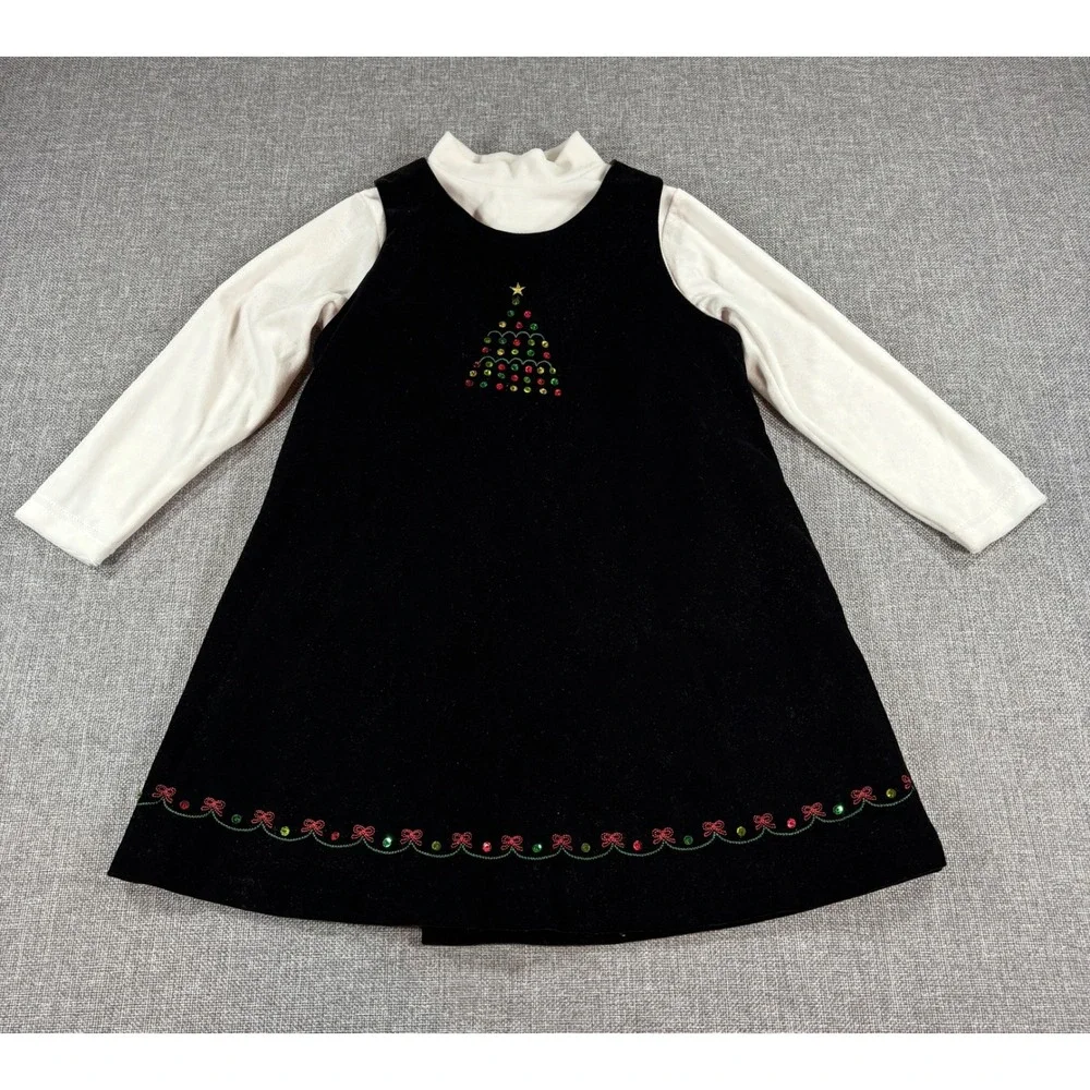 Sophie Rose Girls Christmas Velvet Jumper Dress Set 5 Black White Sequin Tree